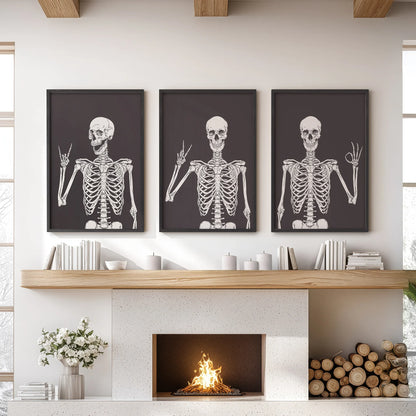 Skeleton Wall Art Set of 3 Black Gothic Prints