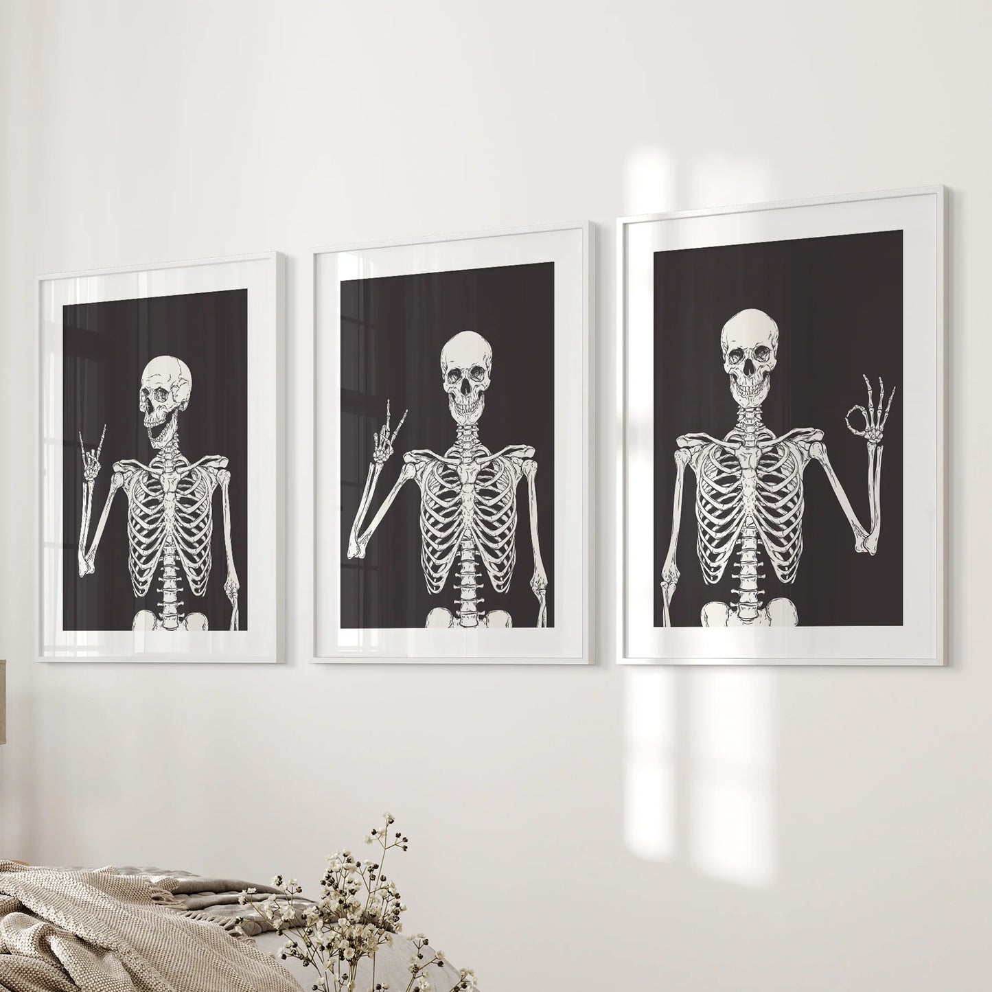 Skeleton Wall Art Set of 3 Black Gothic Prints