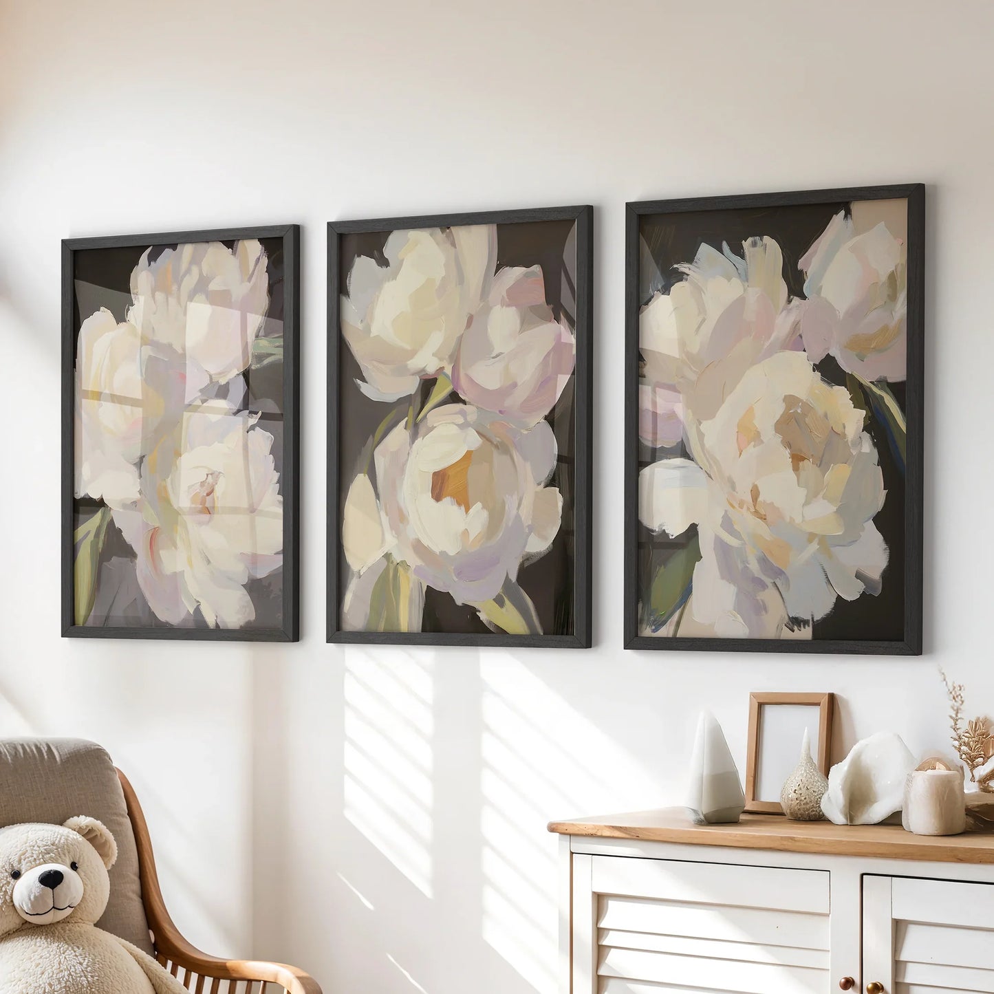 Moody Peony Wall Art Set of 3 Pink and White Floral Prints