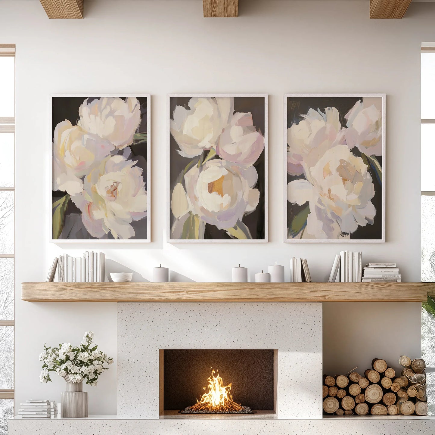 Moody Peony Wall Art Set of 3 Pink and White Floral Prints