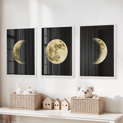 Celestial Moon Phases Wall Art Set of 3 Gold Prints