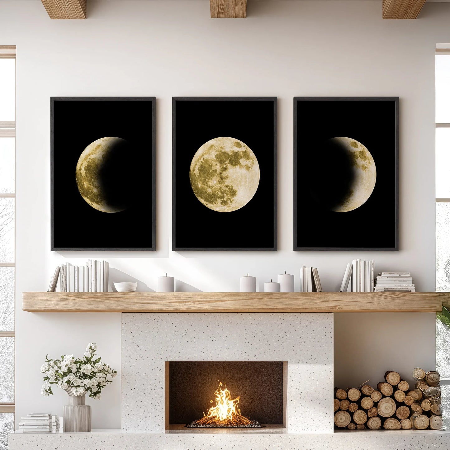 Celestial Moon Phases Wall Art Set of 3 Gold Prints
