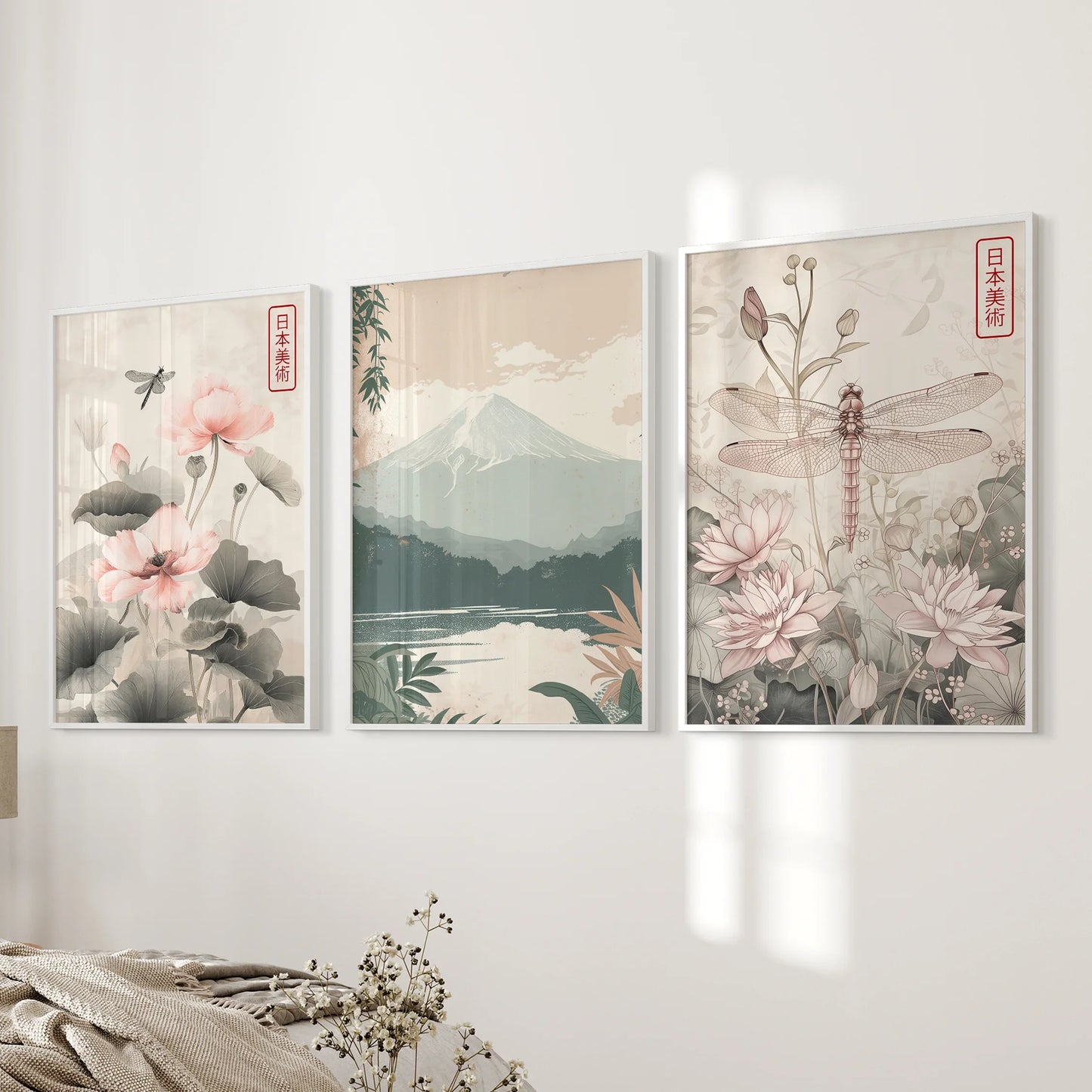 Japandi Botanical Wall Art, Floral and Mountain Set of 3