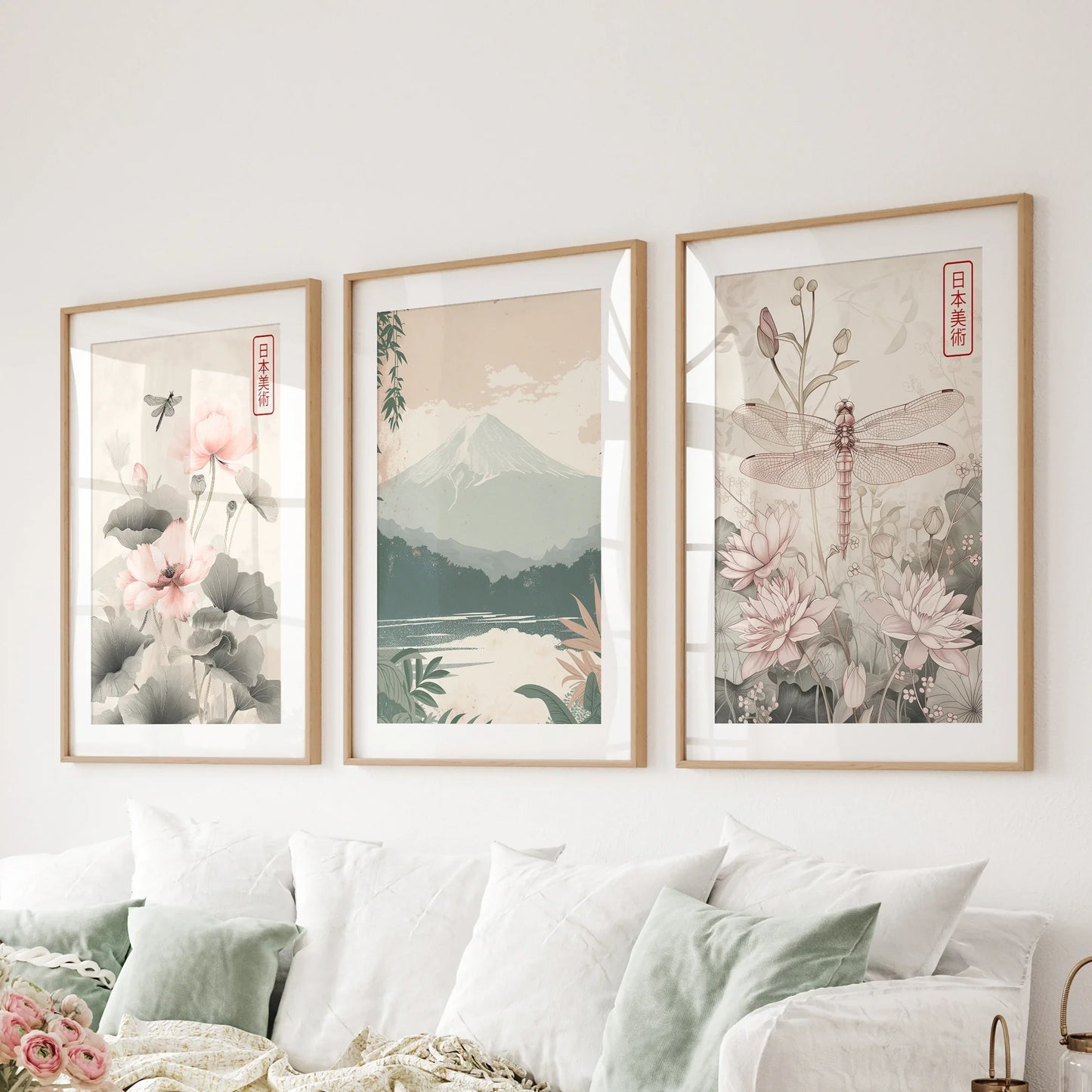 Japandi Botanical Wall Art, Floral and Mountain Set of 3