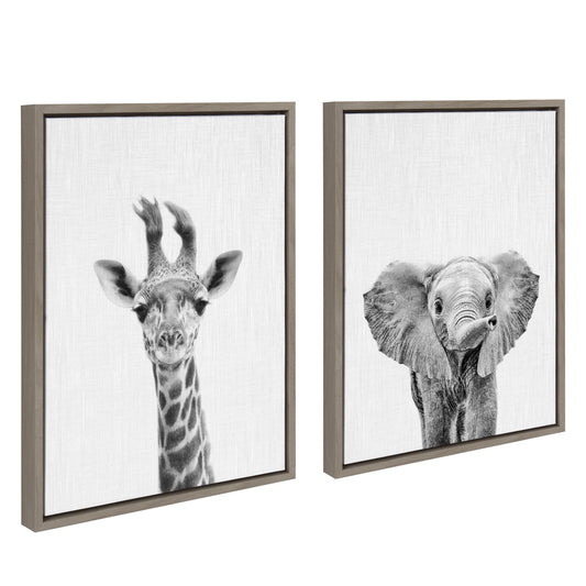 Baby Giraffe and Elephant Framed Canvas Art Set