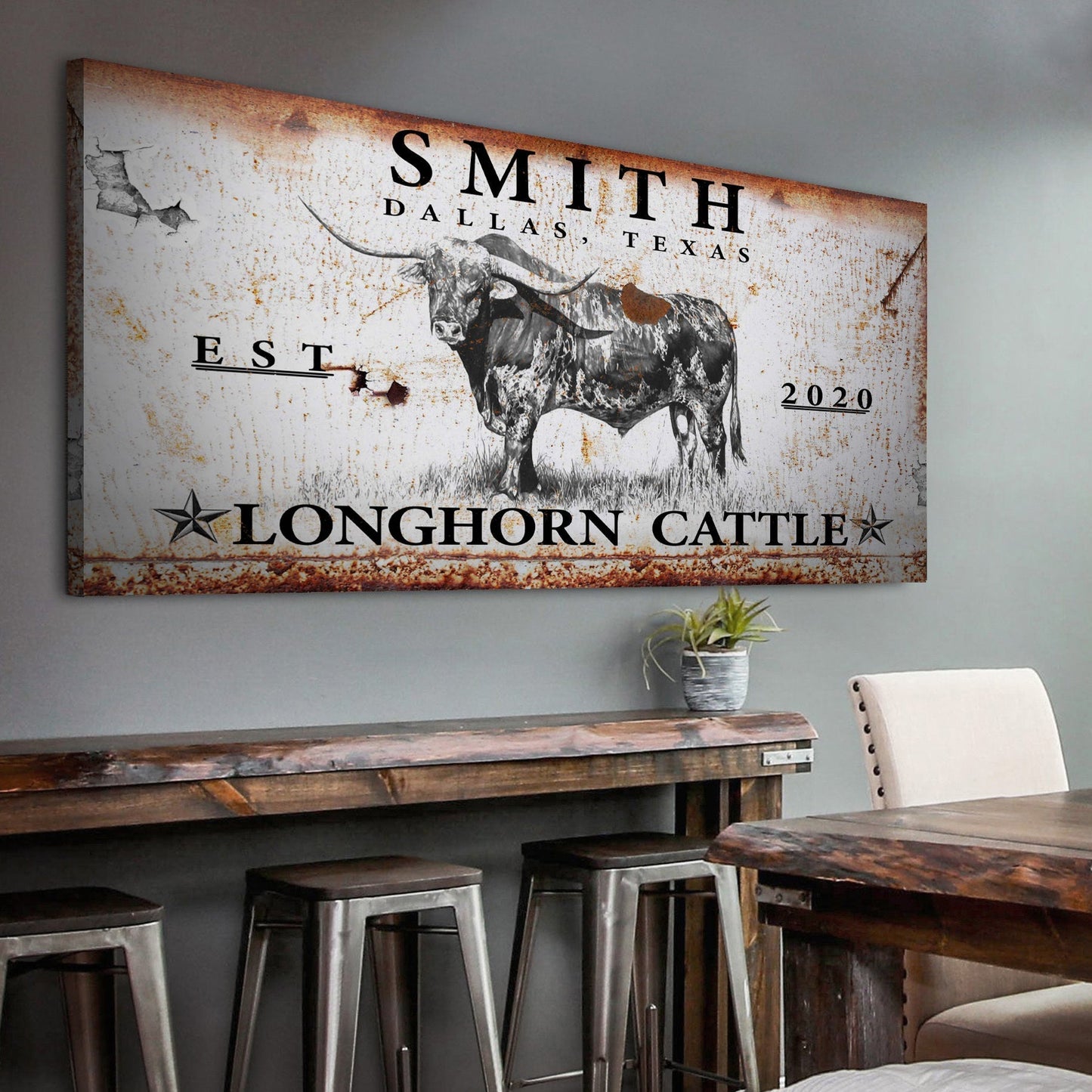 Rustic longhorn cattle canvas sign — Western home decor, gallery-wrapped, made in the USA