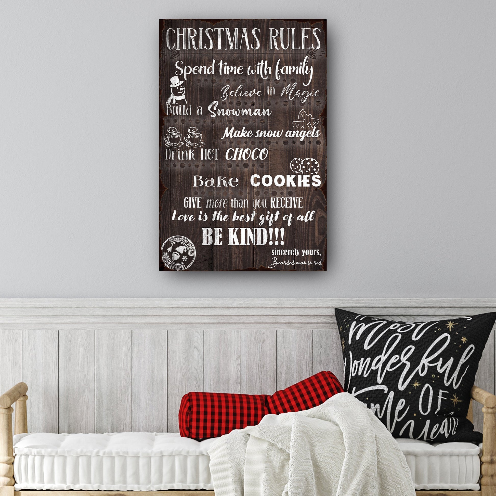 Christmas Rules sign canvas wall art with festive holiday text decor for family rooms