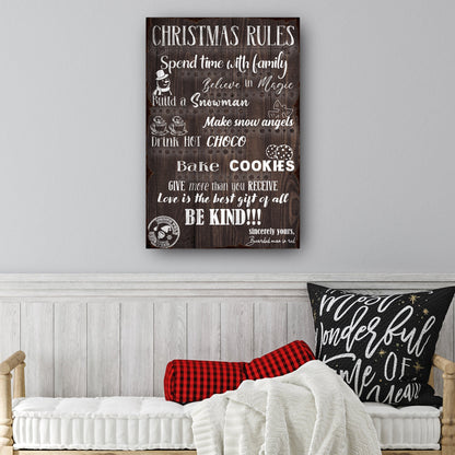 Christmas Rules sign canvas wall art with festive holiday text decor for family rooms