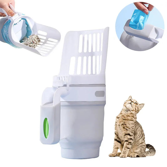 multifunction cat litter scoop system with detachable scoop head and waste bag storage