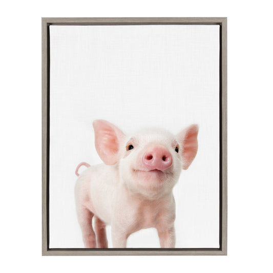 Framed canvas portrait of a cheerful pink piglet for farmhouse and nursery wall decor
