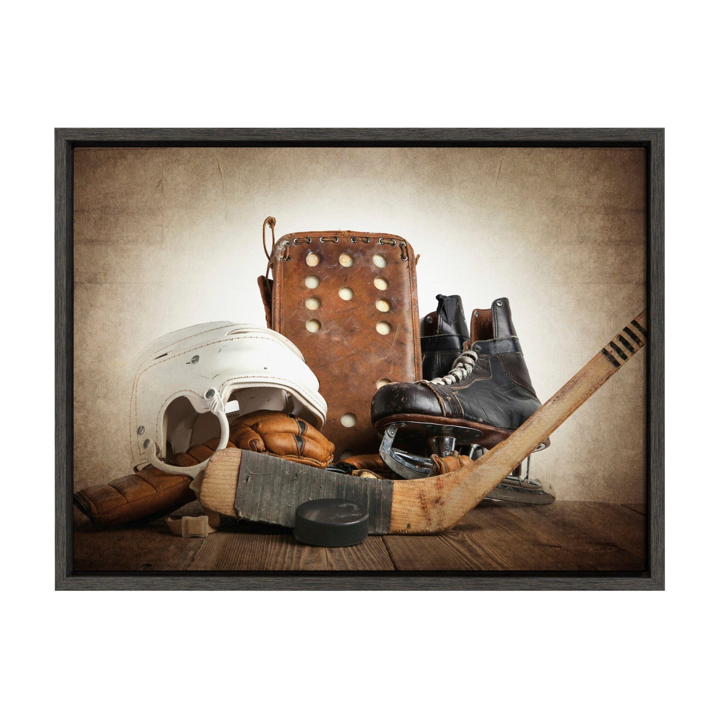 Vintage hockey gear framed canvas wall art in gray frame, easy to hang