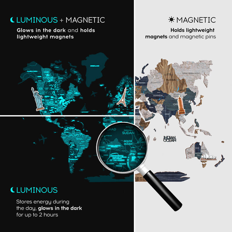 3D Wooden Luminous World Map Wall Art - Mystery