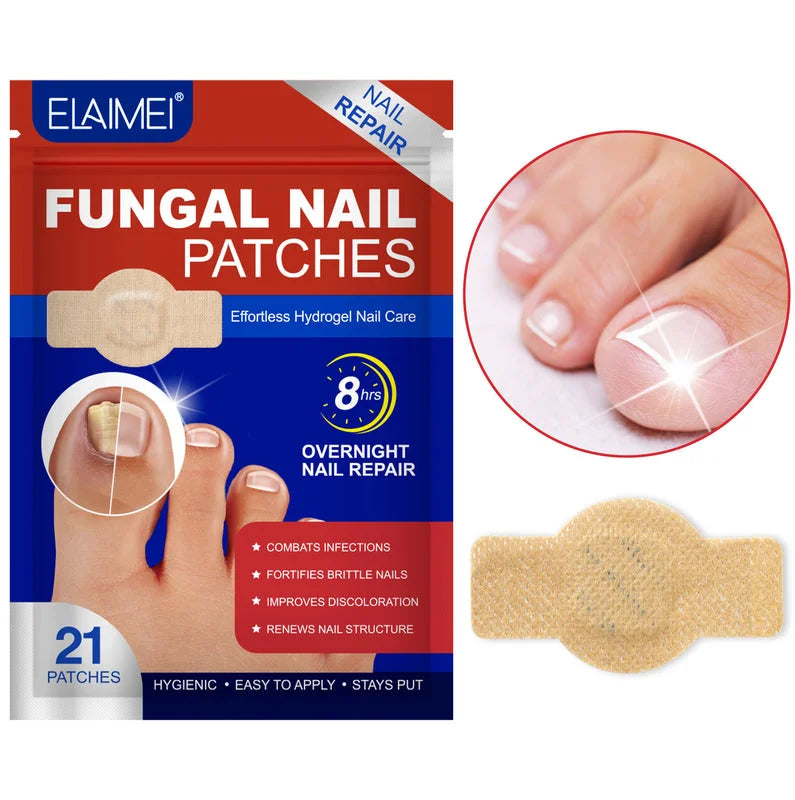 nail strengthening patch and product package with smooth healthy looking toenails close up