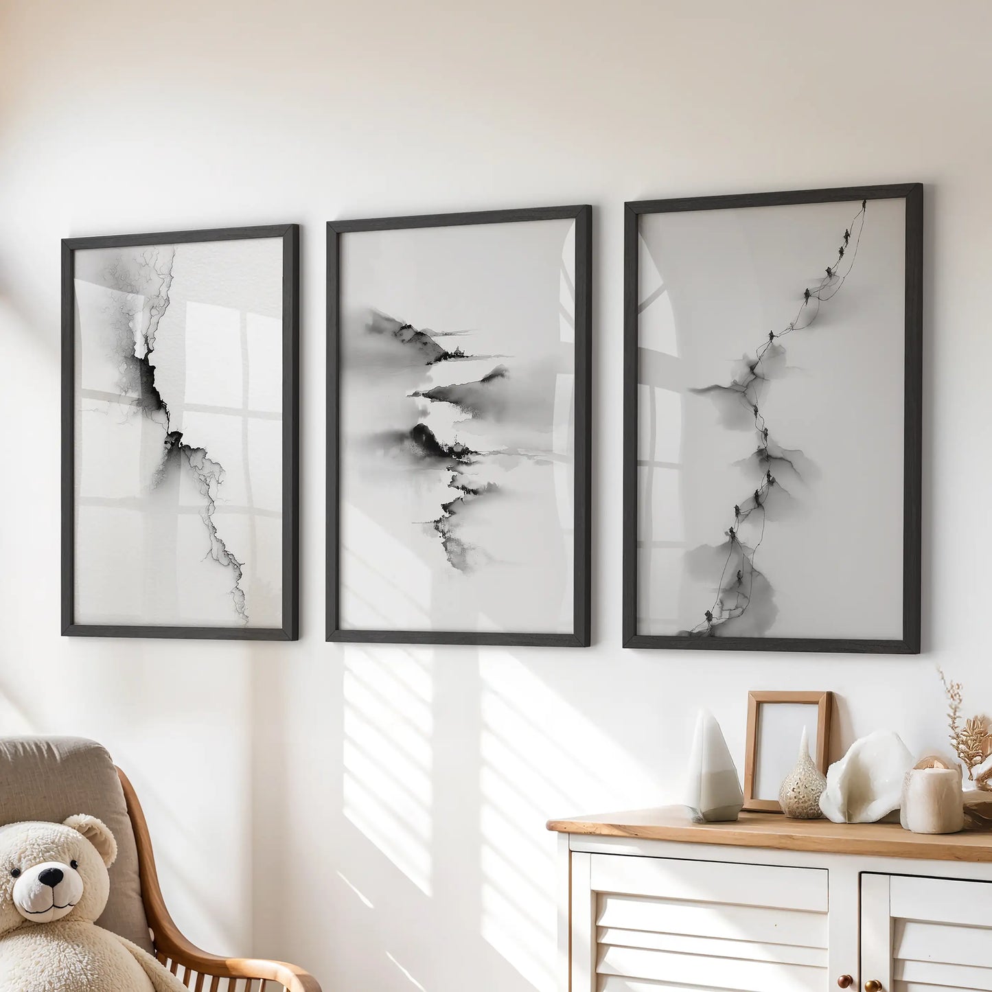 Abstract Mountain Wall Art, Black White 3 Piece Set