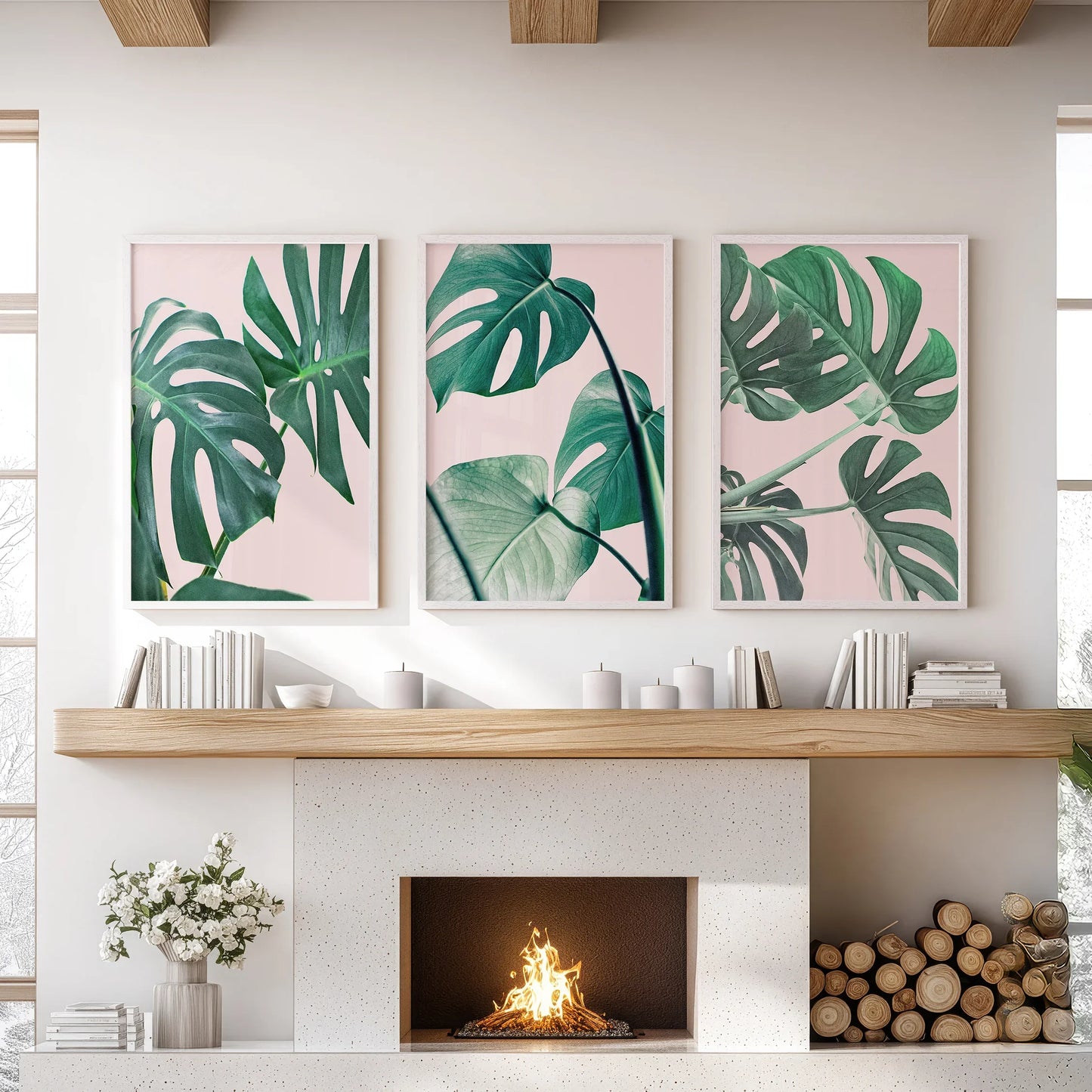 Pink Botanical Wall Art Set of 3 Green Monstera Prints