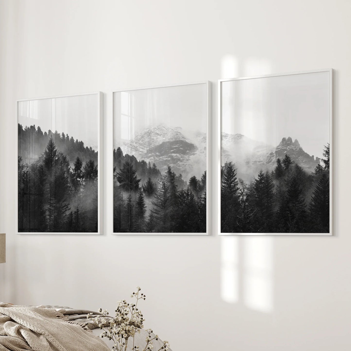 Misty Mountain Forest Wall Art Set of 3 Black and White