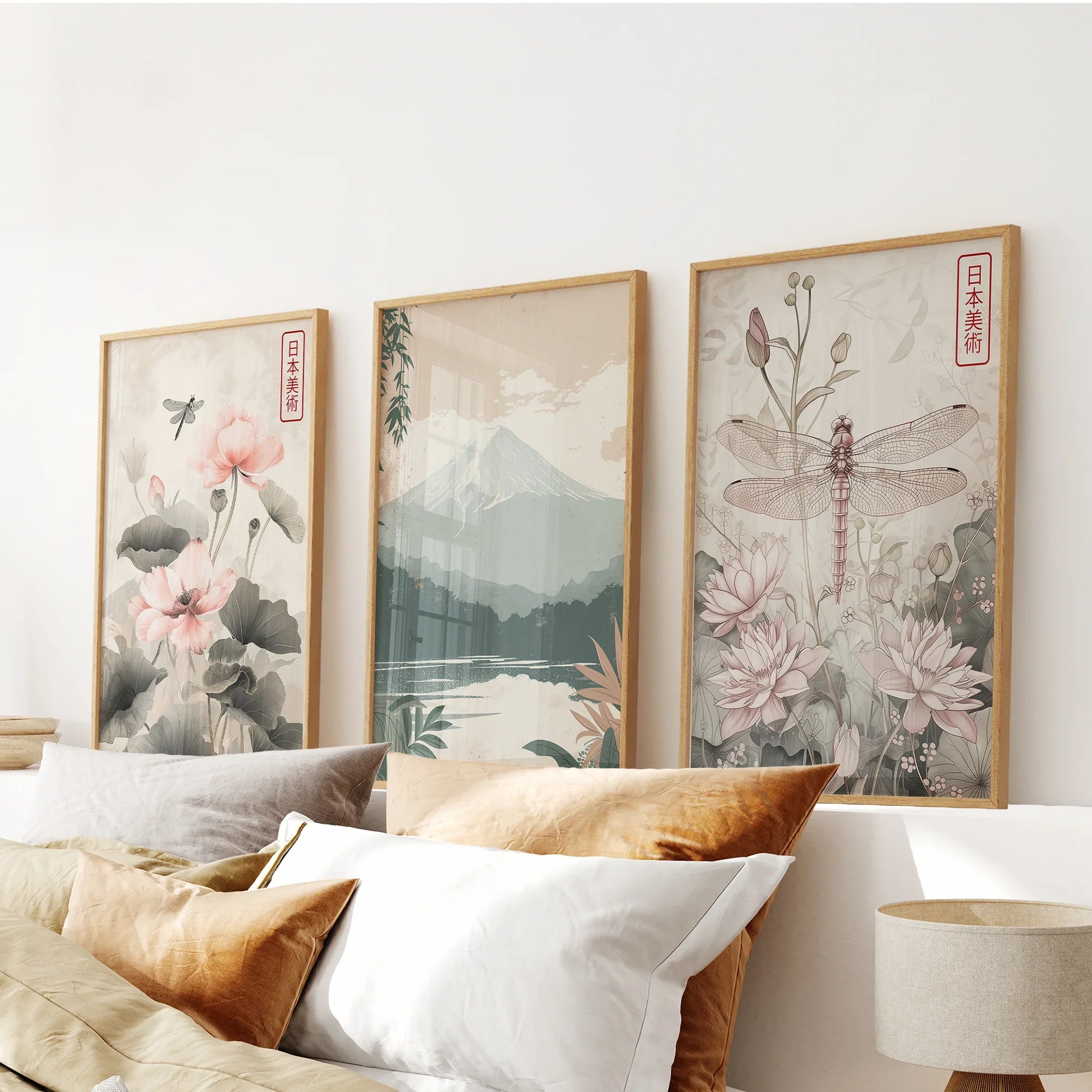 Japandi botanical 3 piece wall art set with blossoms, lotus, and serene mountain landscape