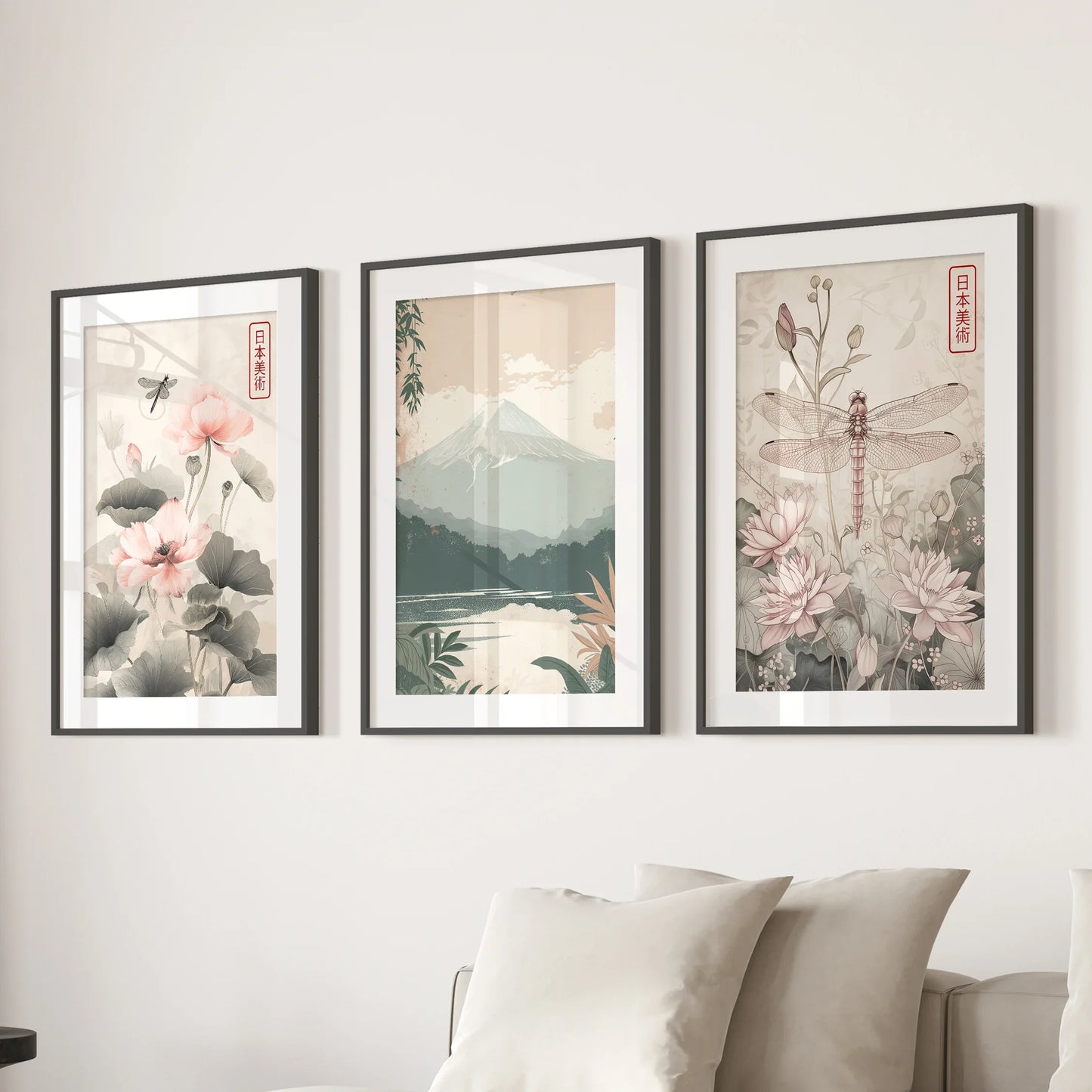 Japandi Botanical Wall Art, Floral and Mountain Set of 3