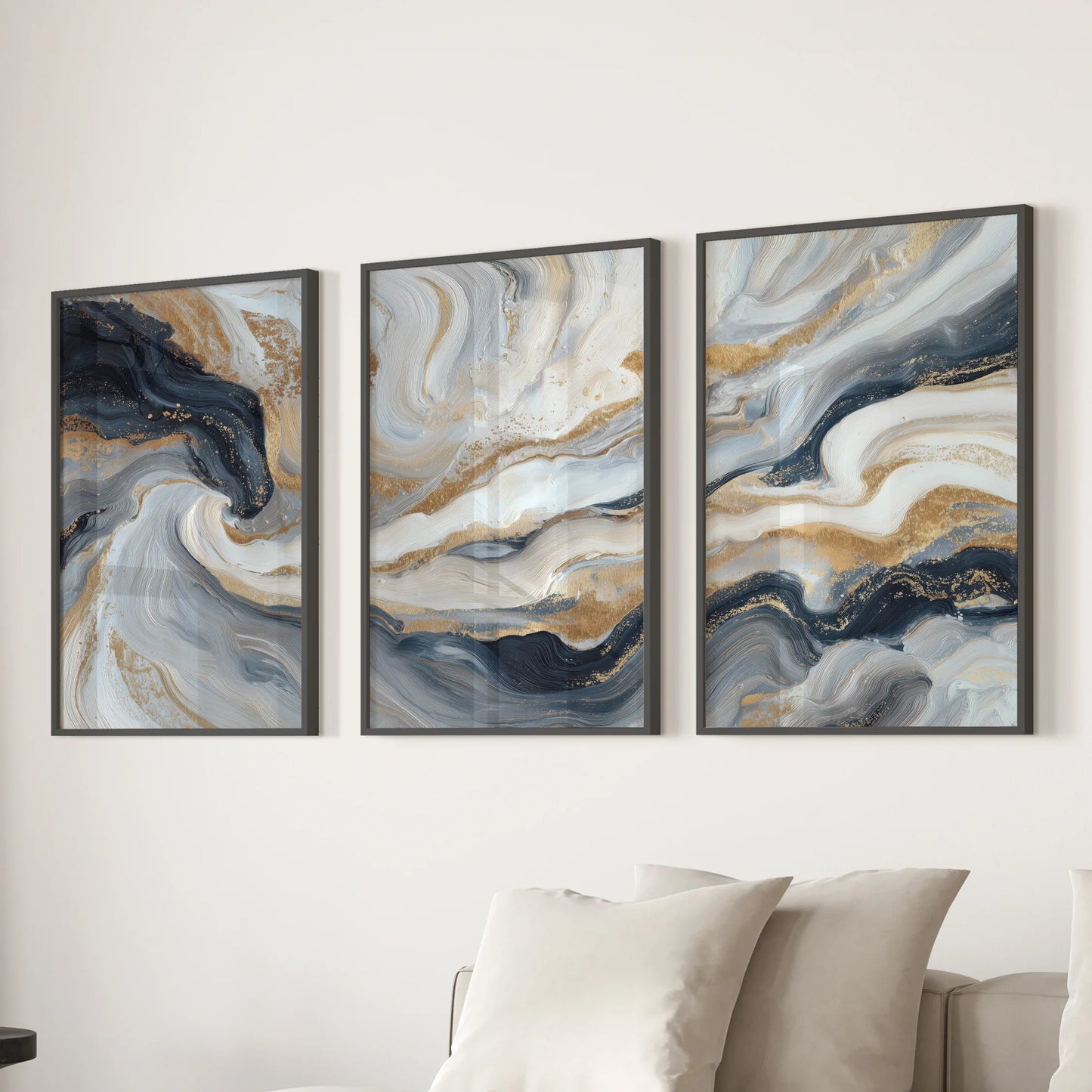 Marble Abstract Wall Art Set of 3 Navy Blue and Gold Prints