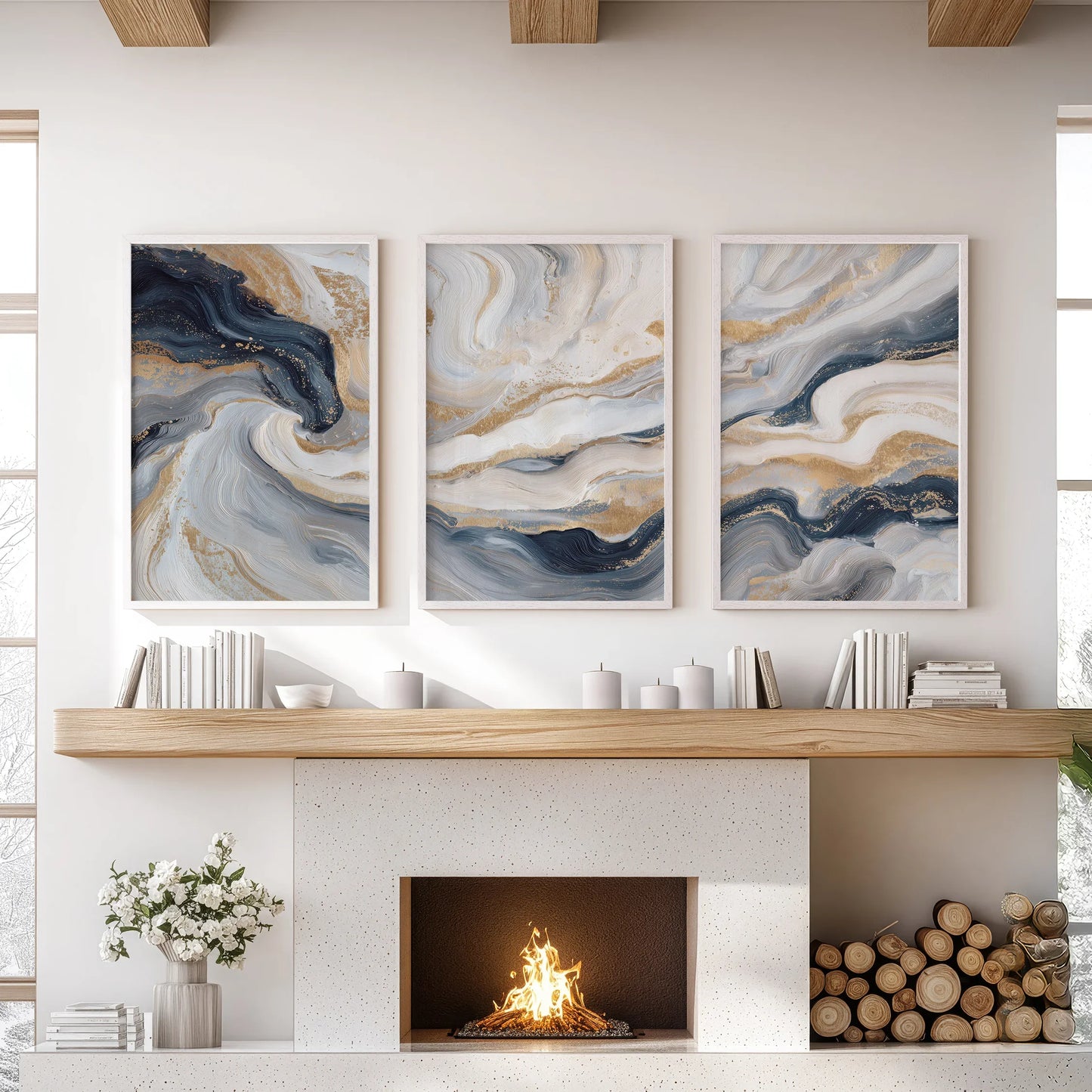 Marble Abstract Wall Art Set of 3 Navy Blue and Gold Prints