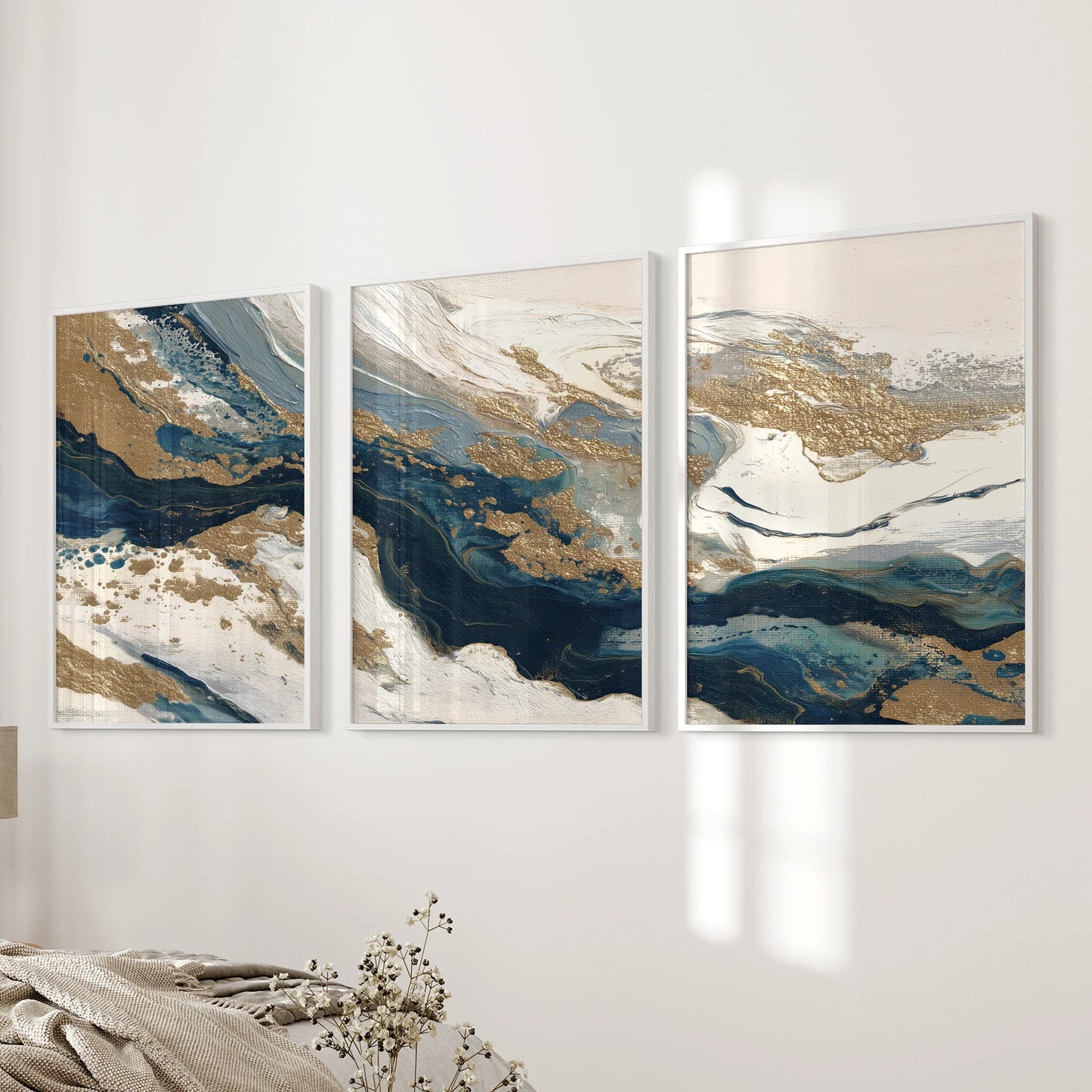 Gold and Blue Brush Stroke Abstract Wall Art Set of 3