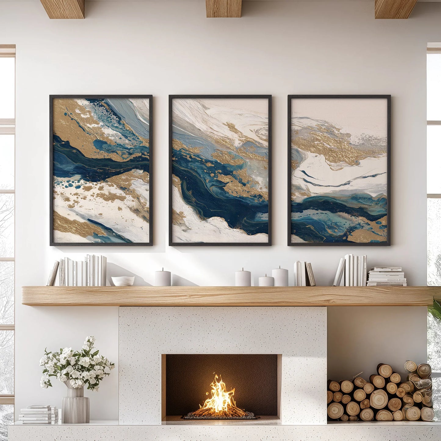 Gold and Blue Brush Stroke Abstract Wall Art Set of 3