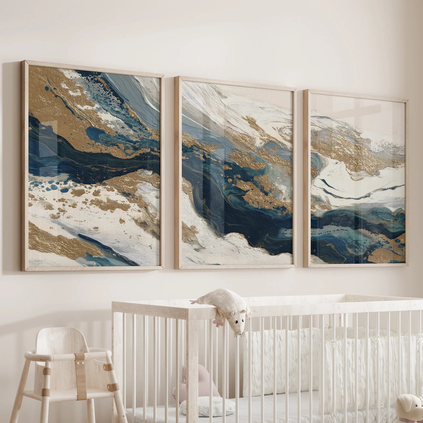 Gold and Blue Brush Stroke Abstract Wall Art Set of 3