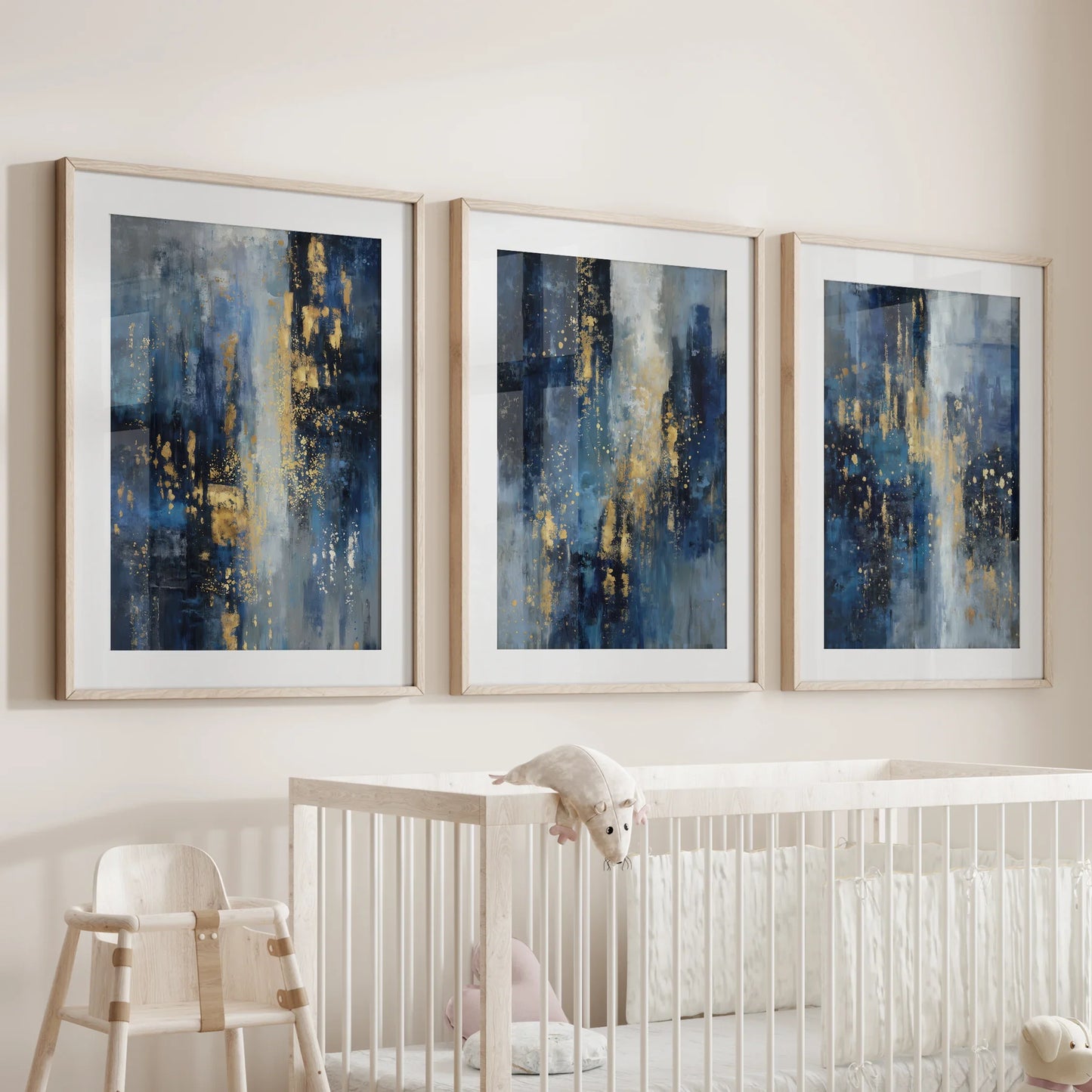 Navy Blue and Gold Abstract Wall Art Set of 3 Prints