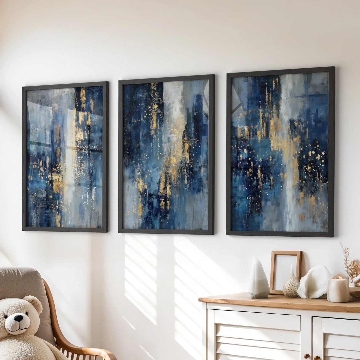 Navy Blue and Gold Abstract Wall Art Set of 3 Prints