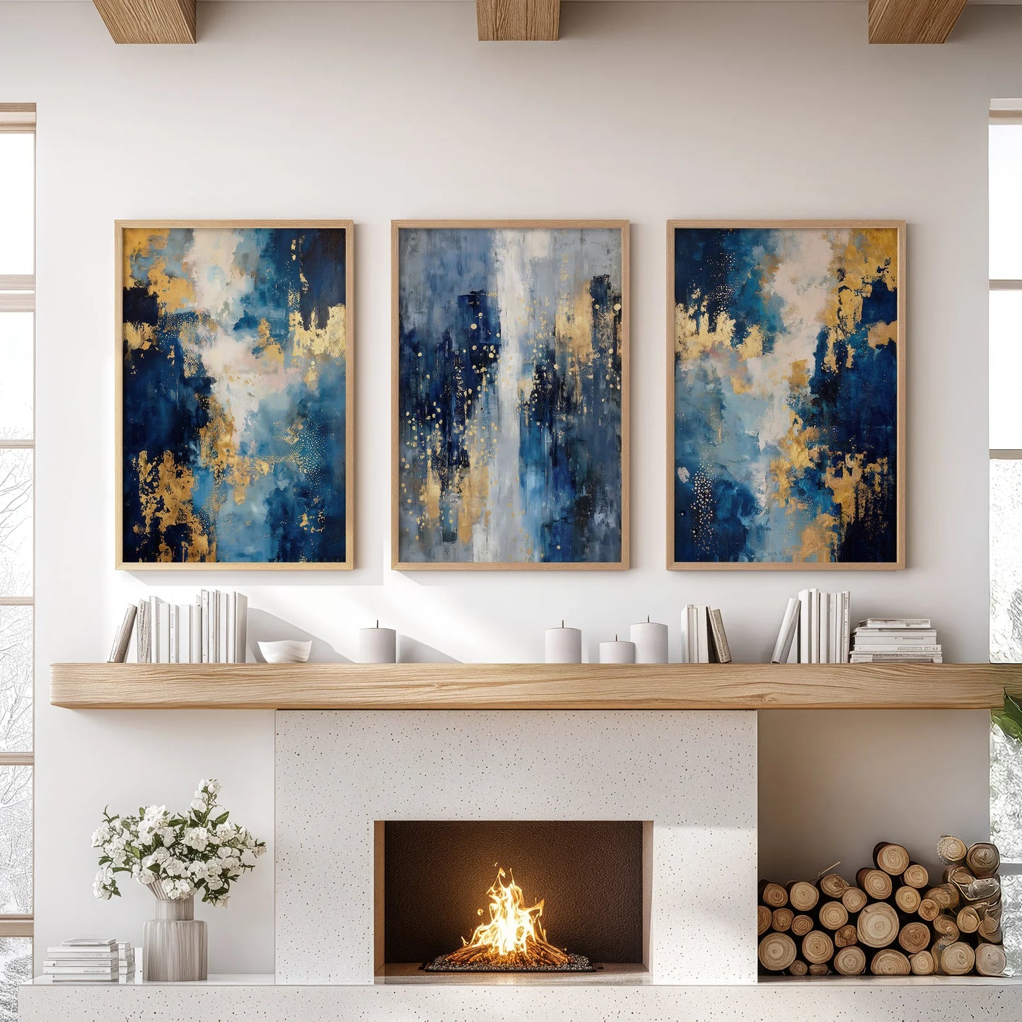 Navy and Gold Abstract Wall Art Set of 3 Contemporary Prints