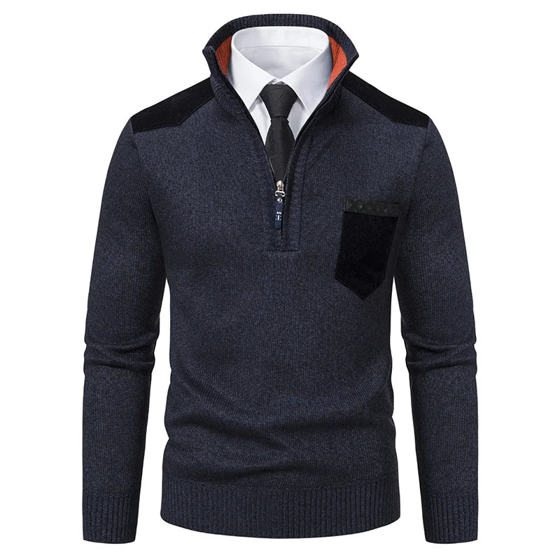 navy blue fleece lined men’s half zip sweater
