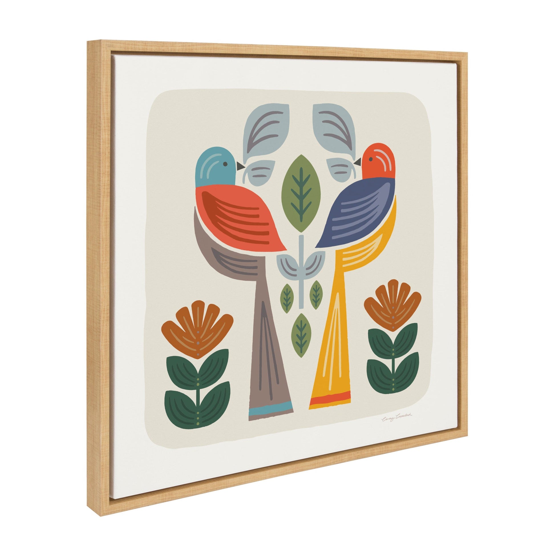 Folk Birds Harvest mid-century birds framed canvas wall art