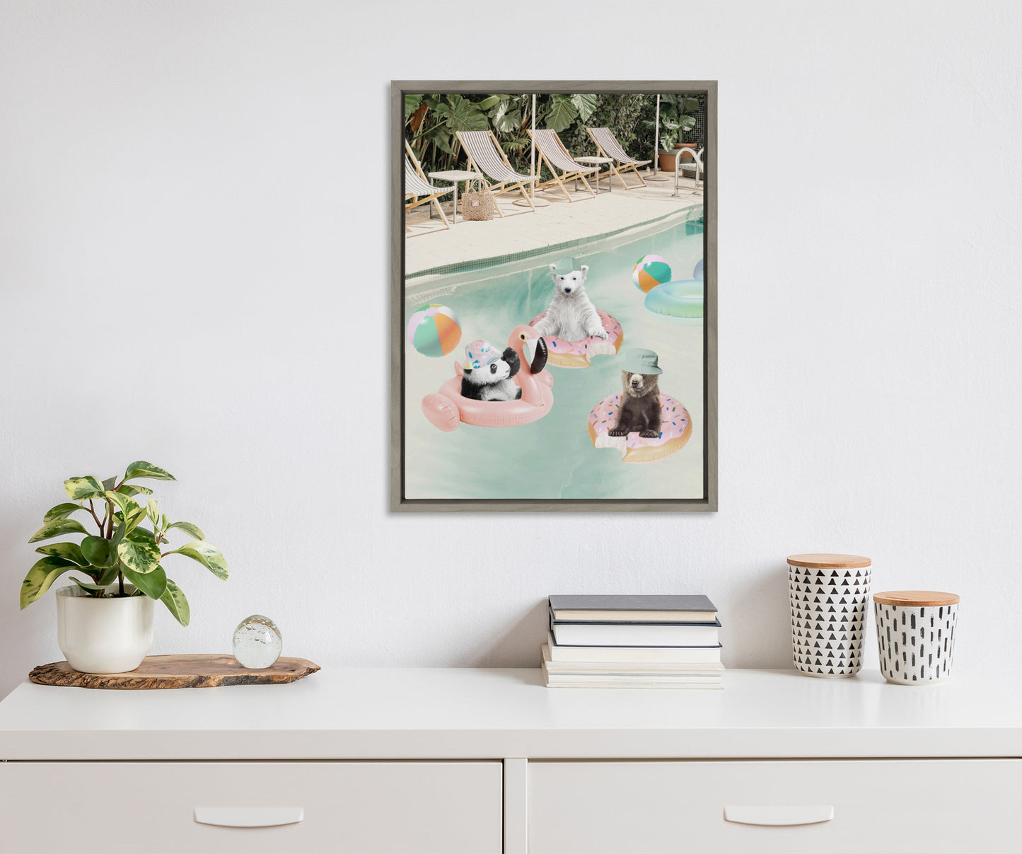 Pool Party Animals Whimsical Framed Canvas Wall Art