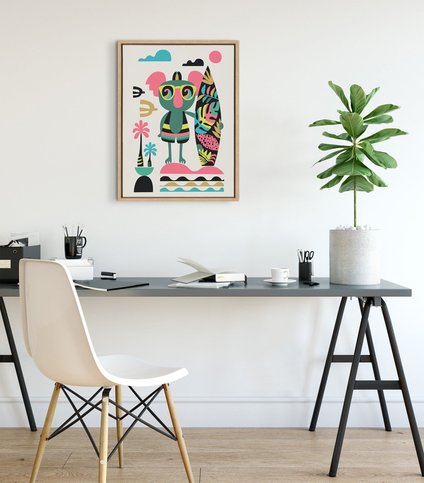 Sylvie Mid Century Modern Surf Koala Framed Canvas by Rachel Lee of My Dream Wall