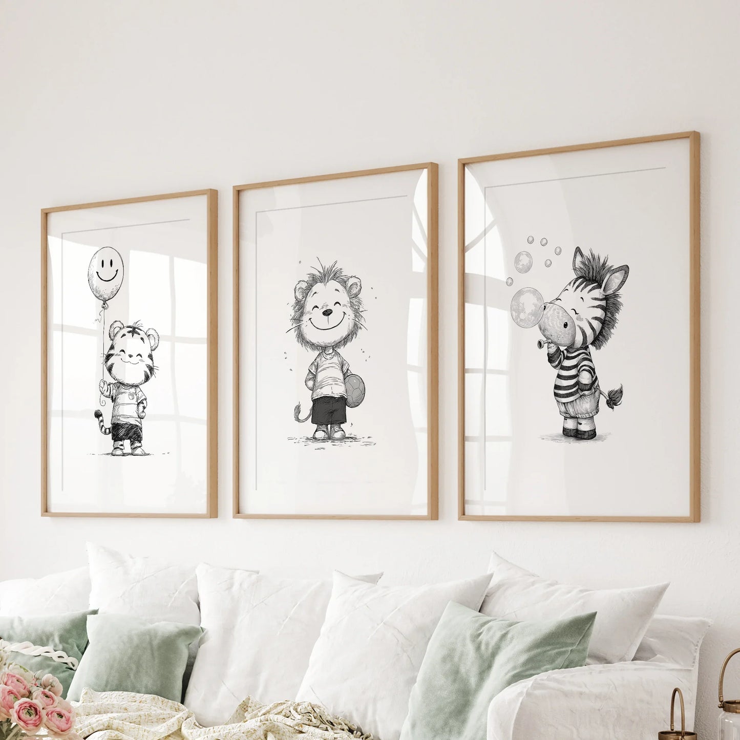 Black and White Safari Nursery Wall Art Set of 3 - Lion, Tiger, Zebra