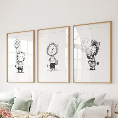 Black and White Safari Nursery Wall Art Set of 3 - Lion, Tiger, Zebra