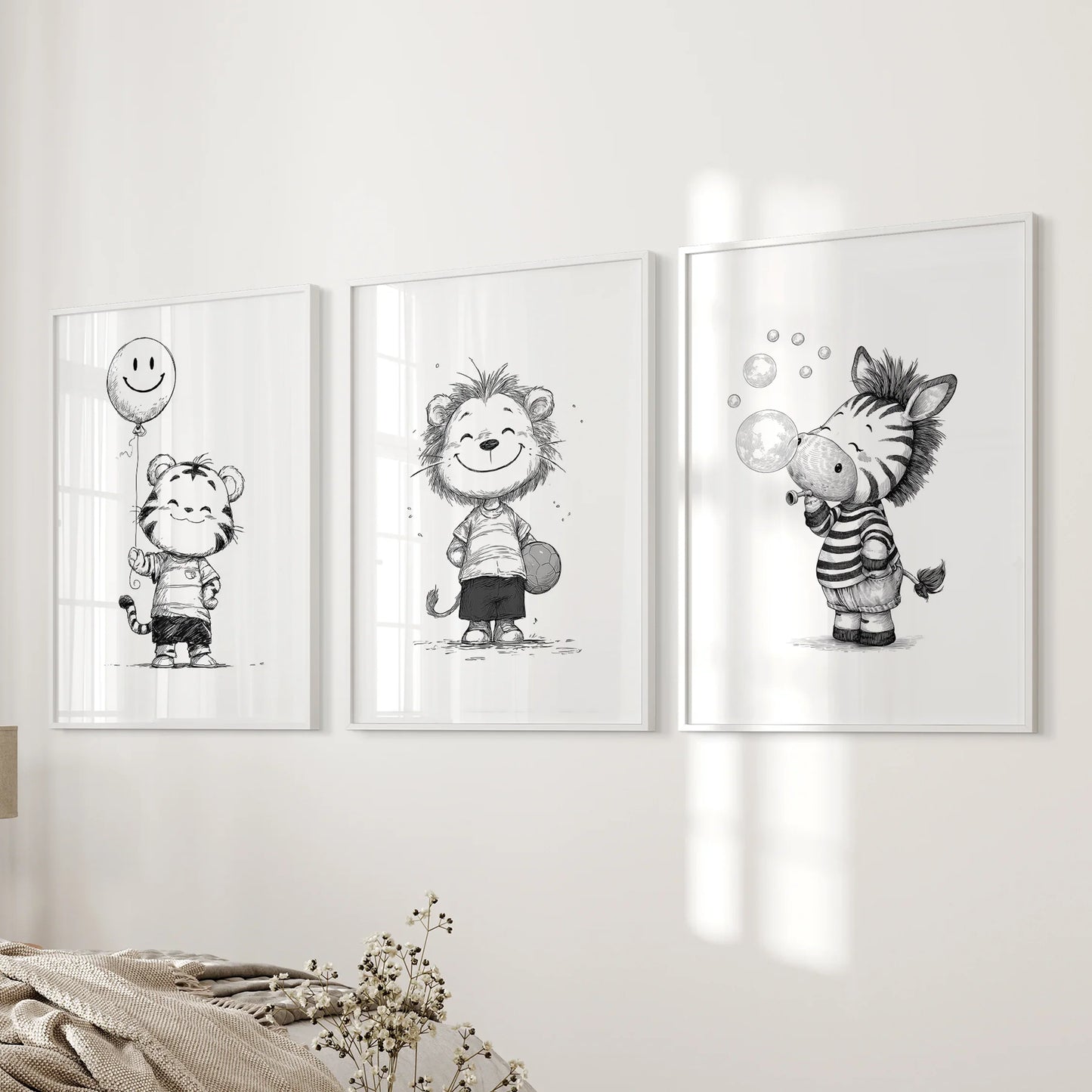 Black and White Safari Nursery Wall Art Set of 3 - Lion, Tiger, Zebra