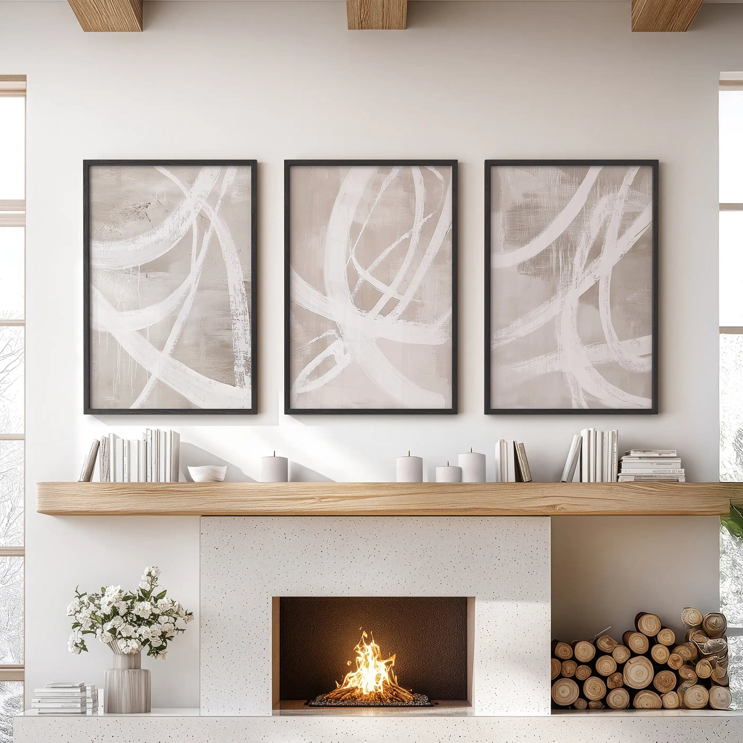 Neutral Abstract Wall Art Set of 3 Brush Stroke Prints
