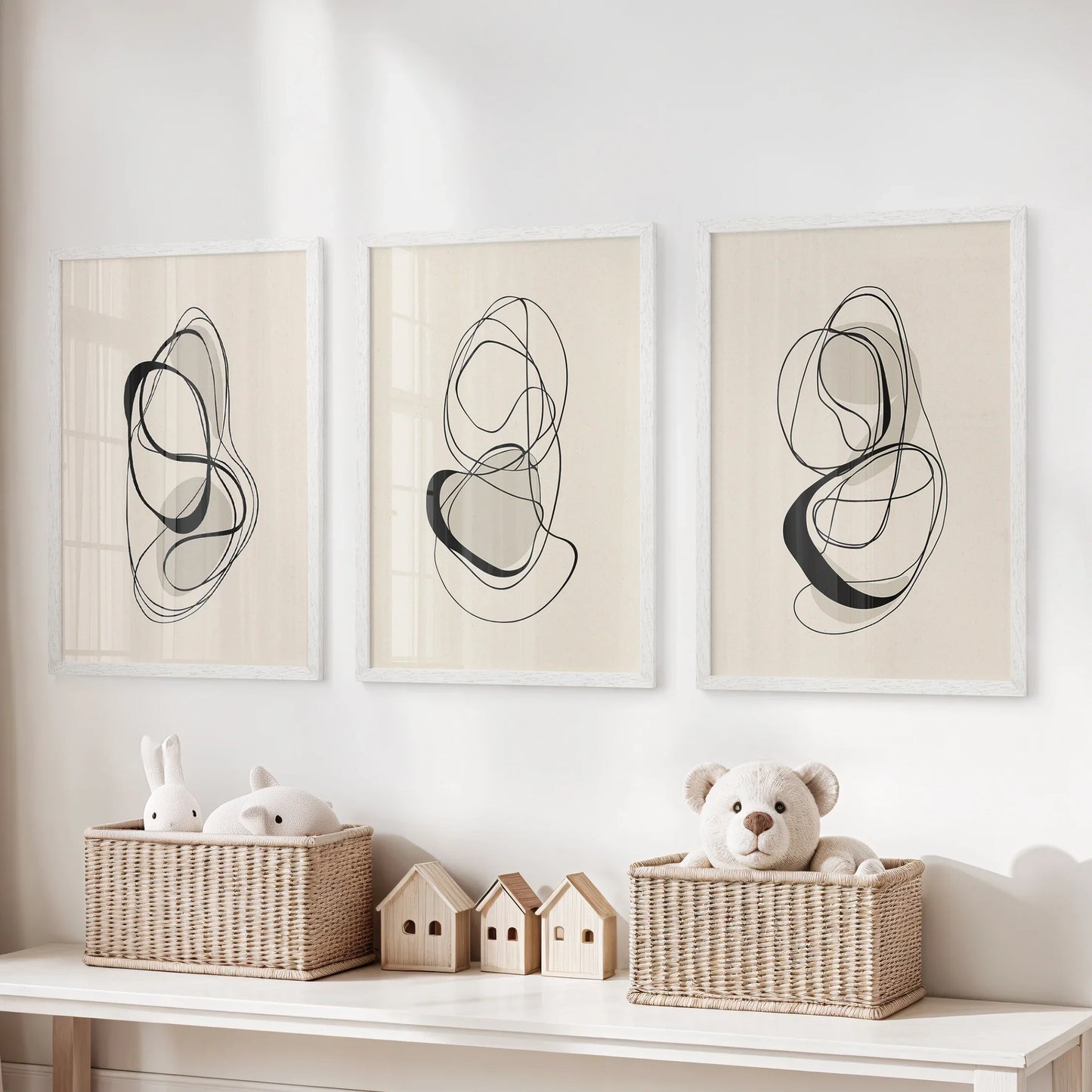 Black and Beige Abstract Wall Art Set of 3 Line Prints