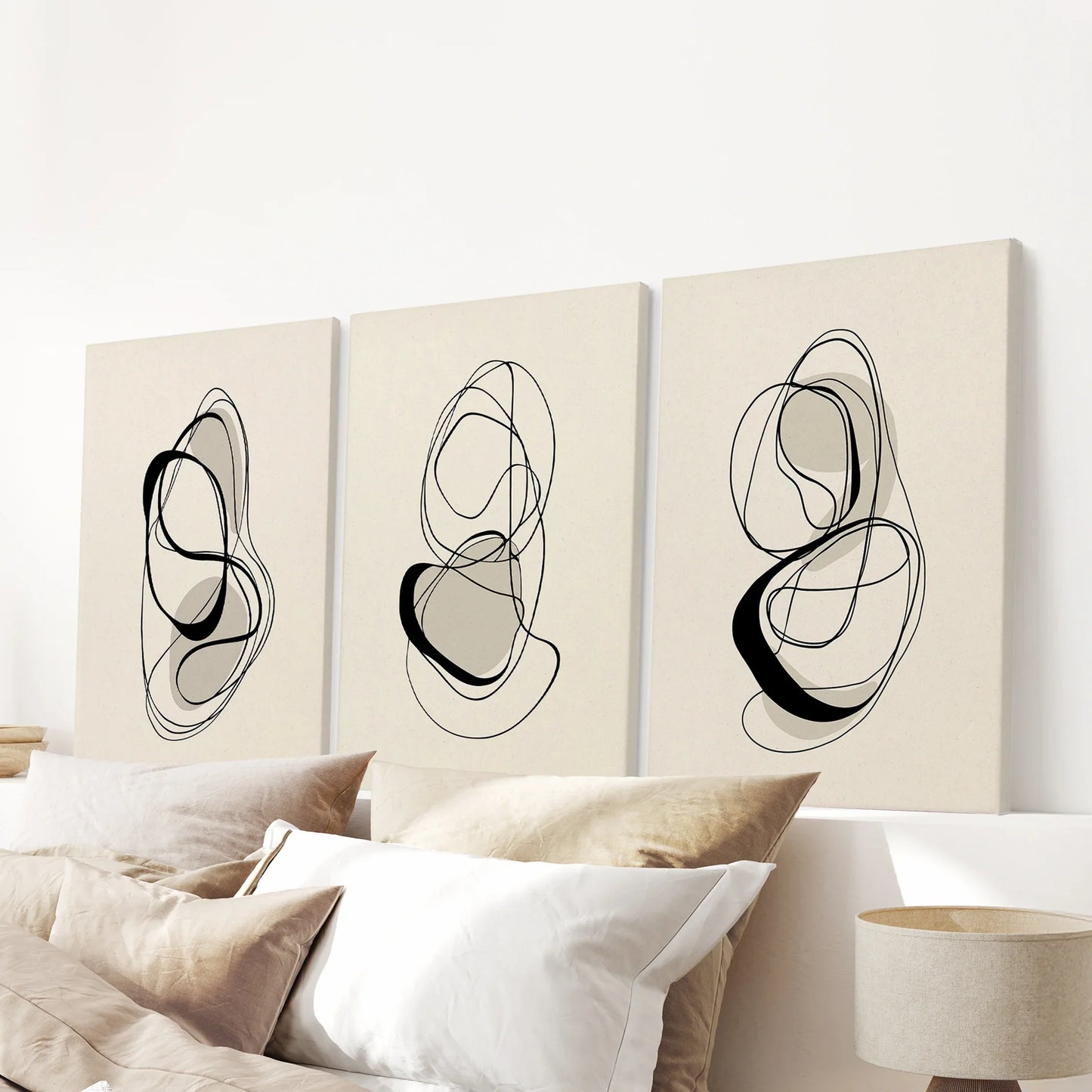 Black and Beige Abstract Wall Art Set of 3 Line Prints