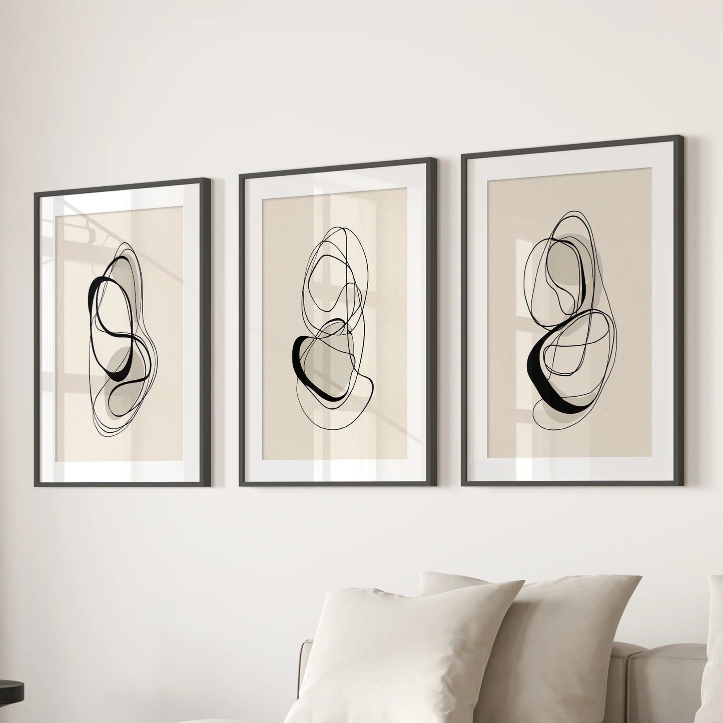 Black and Beige Abstract Wall Art Set of 3 Line Prints