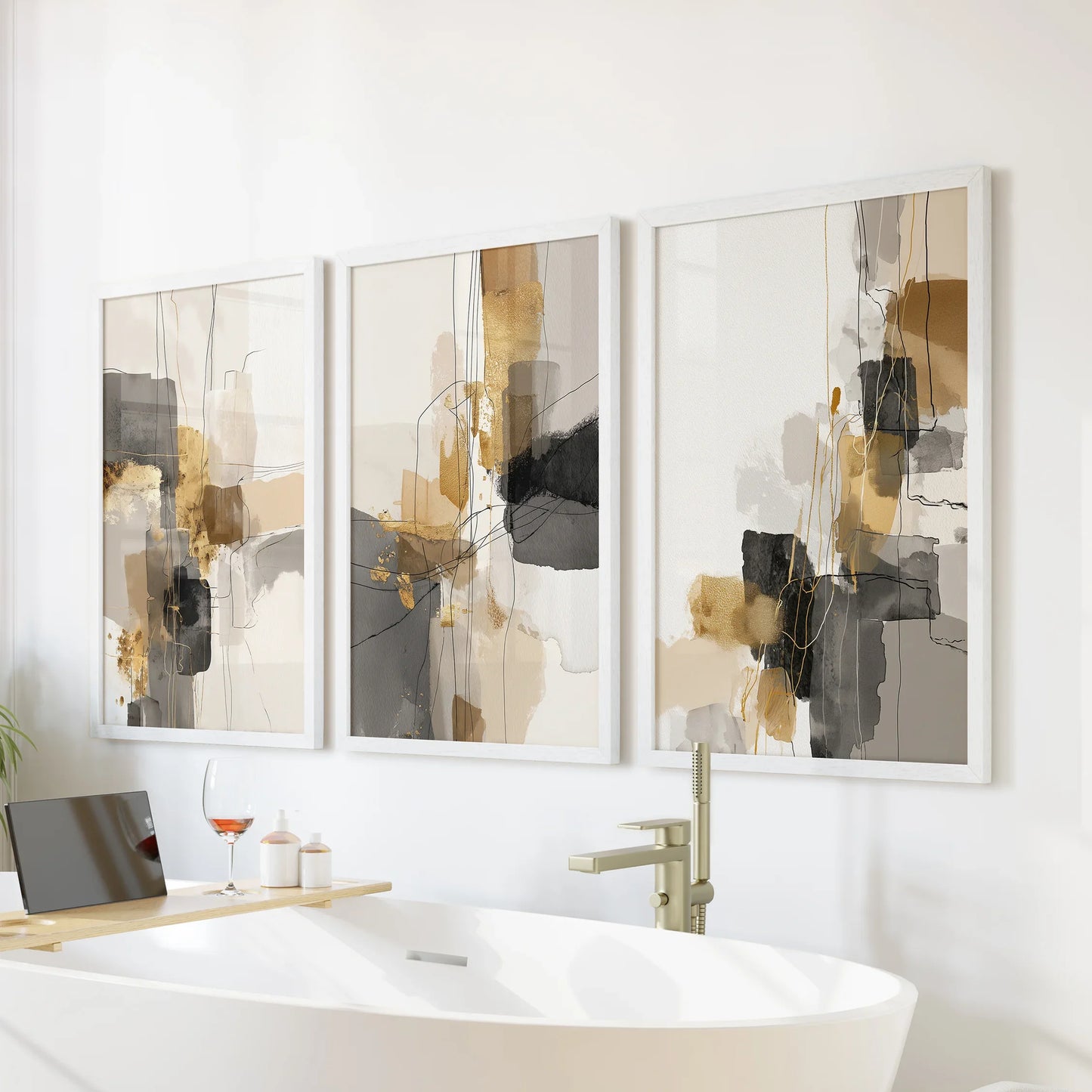 Neutral Abstract Wall Art Set of 3 Beige Gray Gold Prints
