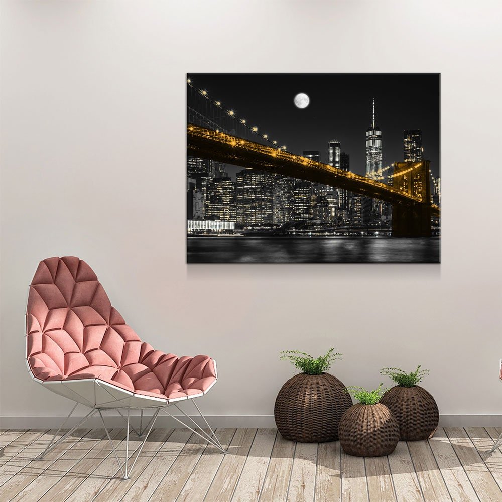 Brooklyn Bridge At Night Canvas Wall Art - NYC Skyline
