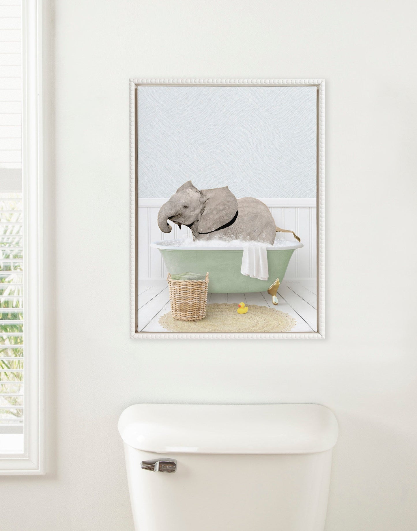 Baby Elephant Side in Cottage Bath Framed Canvas Wall Art