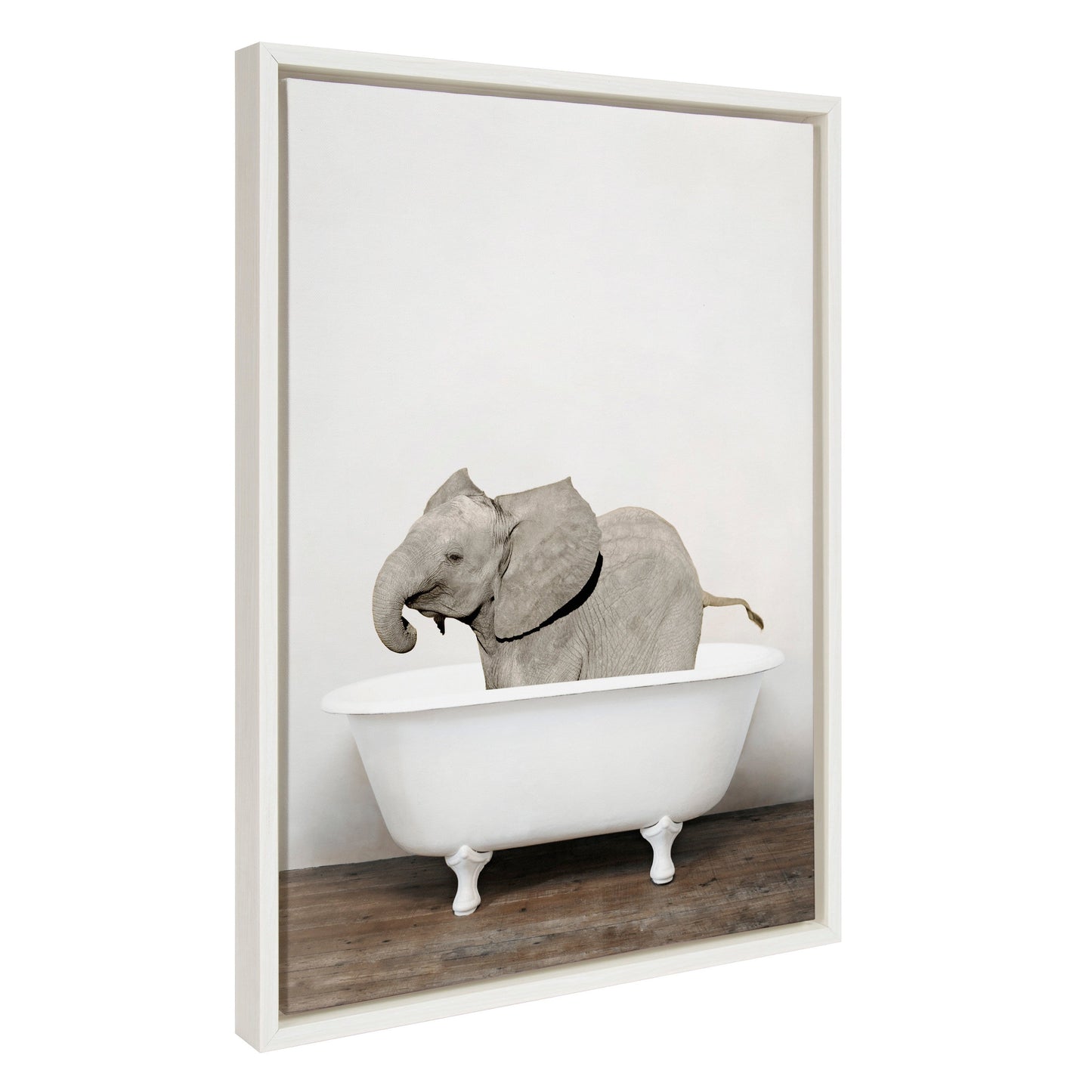 Baby elephant in the tub framed canvas wall art for a bathroom