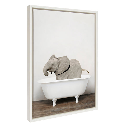 Baby elephant in the tub framed canvas wall art for a bathroom