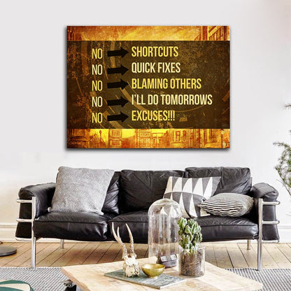 No shortcuts no excuses motivational canvas wall art