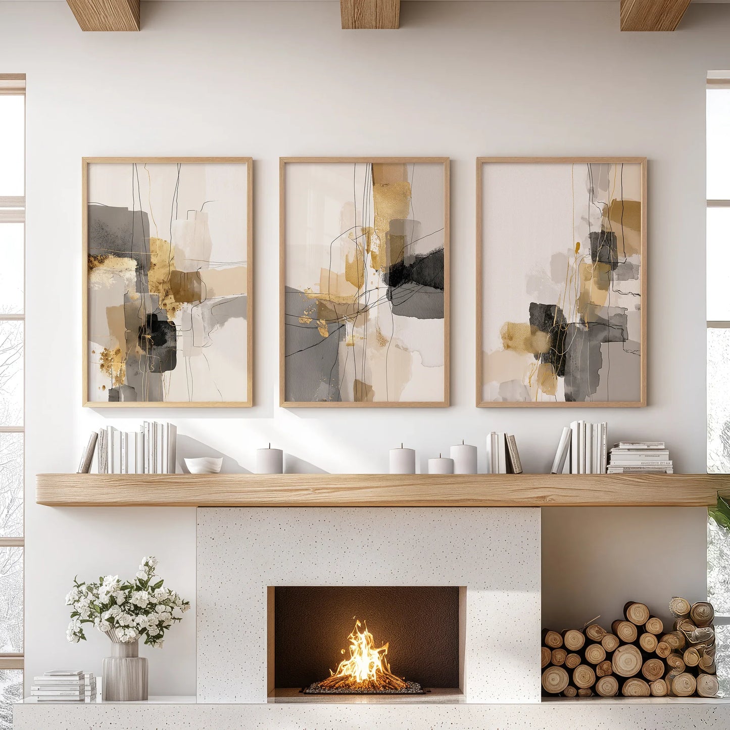 Neutral Abstract Wall Art Set of 3 Beige Gray Gold Prints