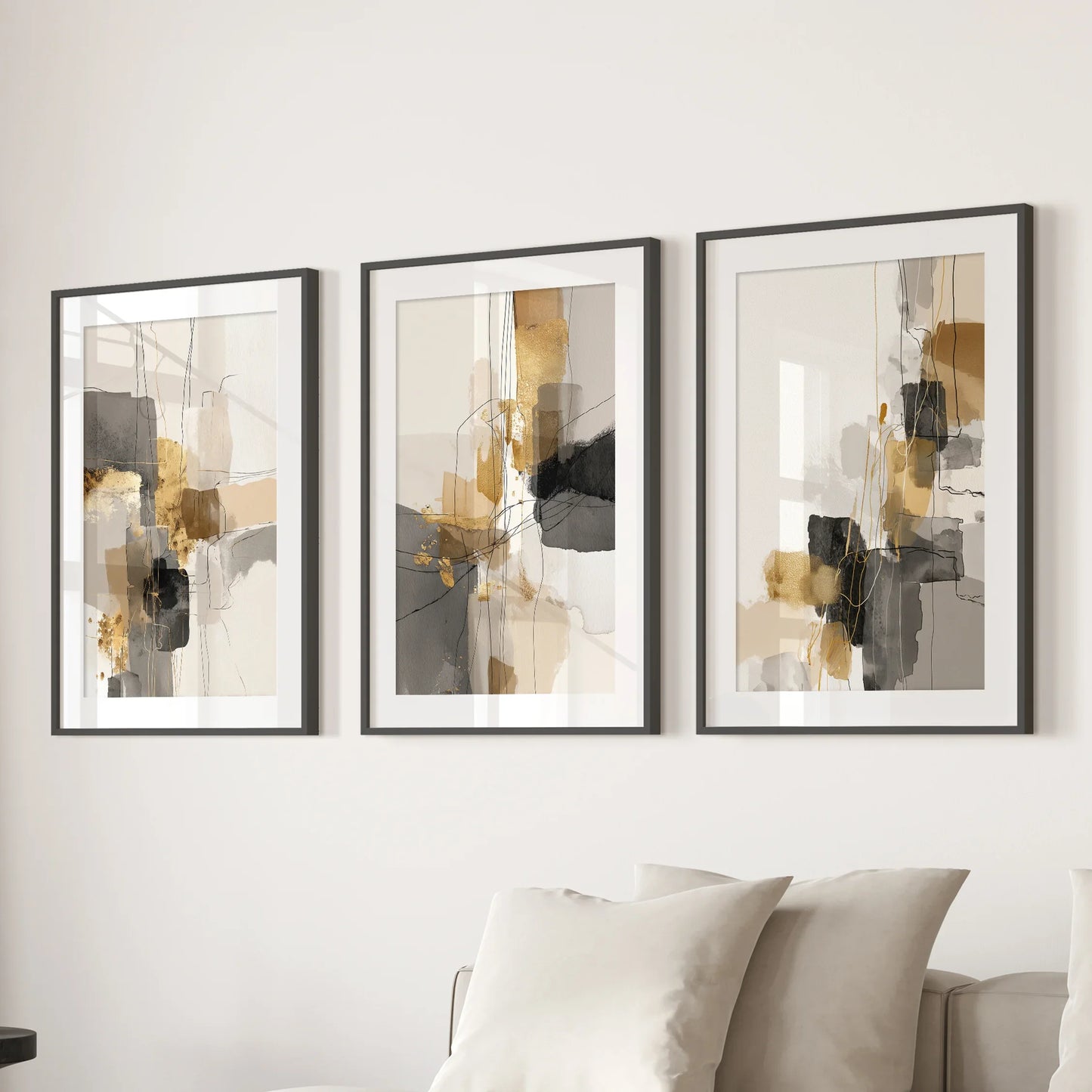 Neutral Abstract Wall Art Set of 3 Beige Gray Gold Prints