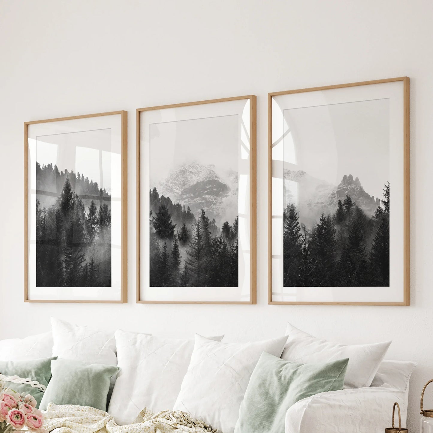 Misty Mountain Forest Wall Art Set of 3 Black and White